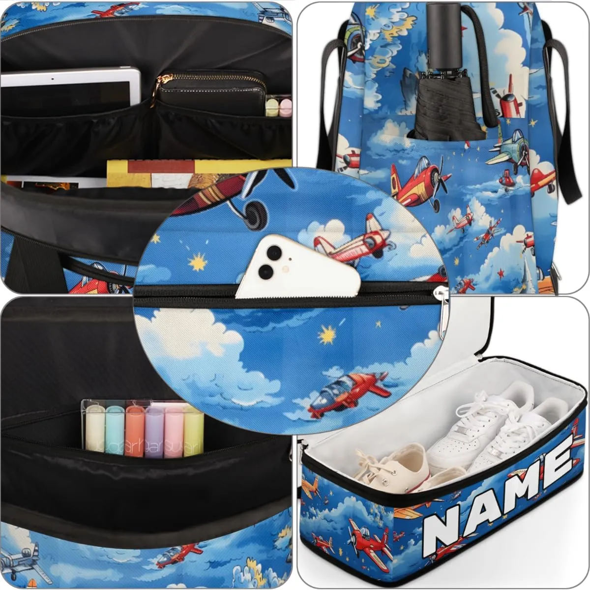 Cute Airplane Helicopter Pattern Custom Foldable Duffle Bag with Shoes Compartment Personalized Large Capacity Waterproof Travel Weekender Bag Overnight Bag for Sports Gym