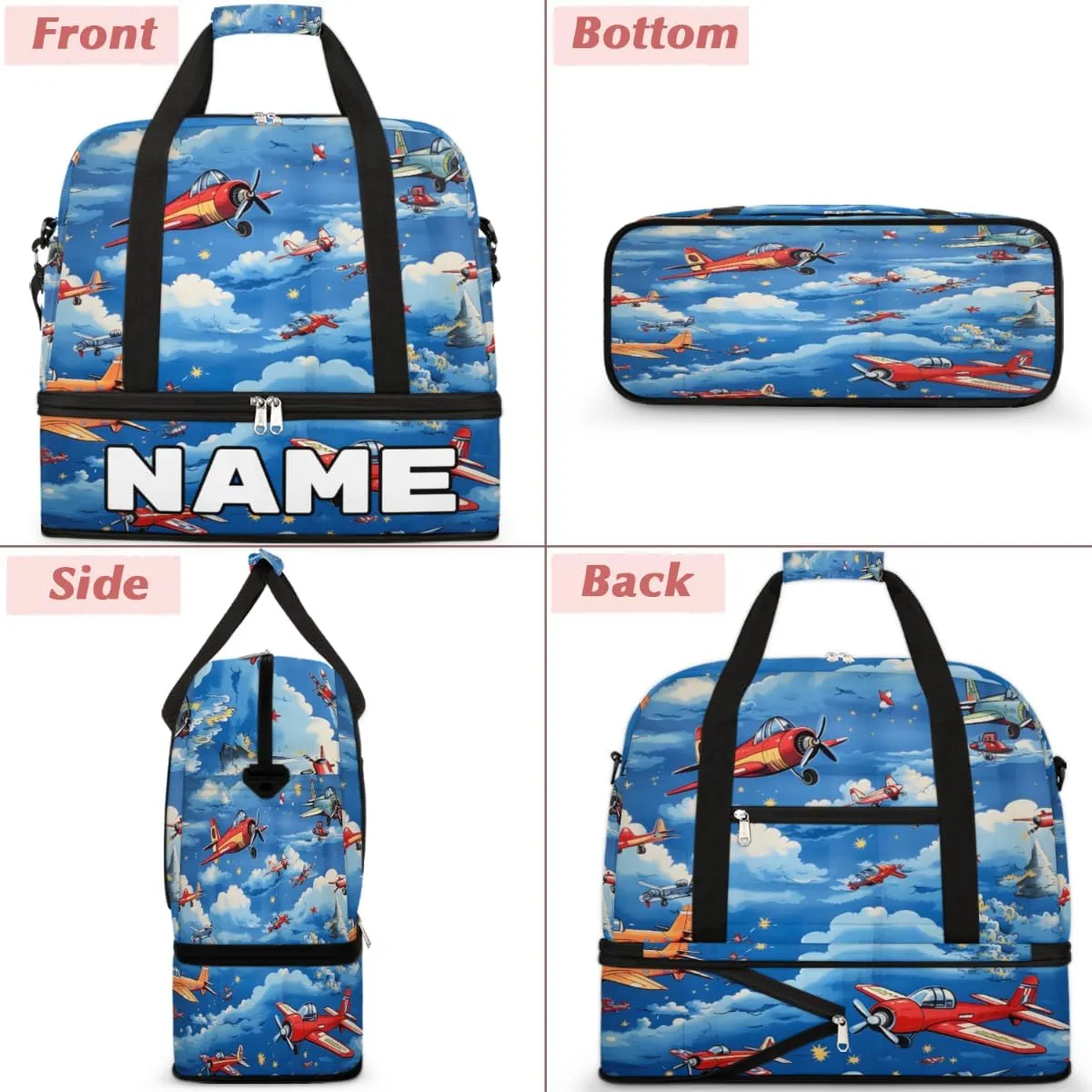 Cute Airplane Helicopter Pattern Custom Foldable Duffle Bag with Shoes Compartment Personalized Large Capacity Waterproof Travel Weekender Bag Overnight Bag for Sports Gym