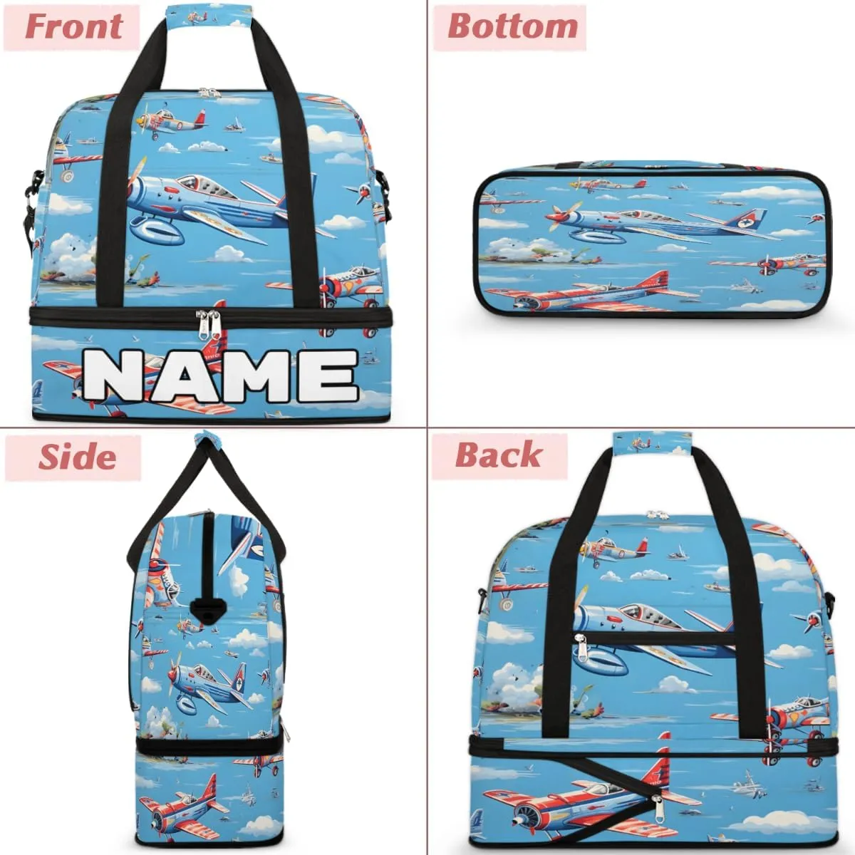 Cute Airplane Helicopter Print Custom Foldable Duffle Bag with Shoes Compartment Personalized Large Capacity Waterproof Travel Weekender Bag Overnight Bag for Sports Gym