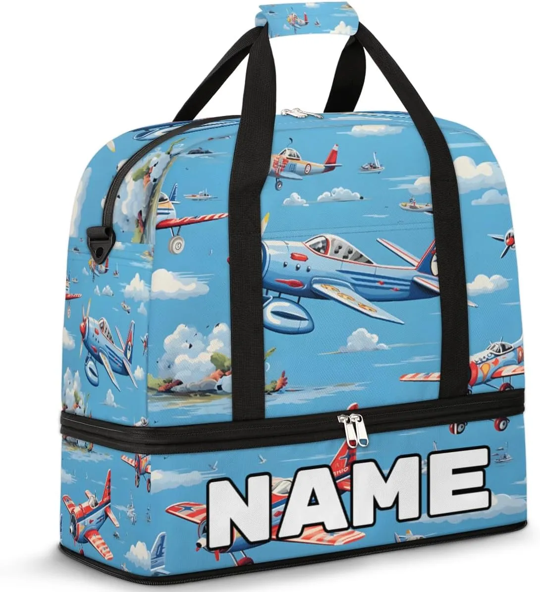 Cute Airplane Helicopter Print Custom Foldable Duffle Bag with Shoes Compartment Personalized Large Capacity Waterproof Travel Weekender Bag Overnight Bag for Sports Gym
