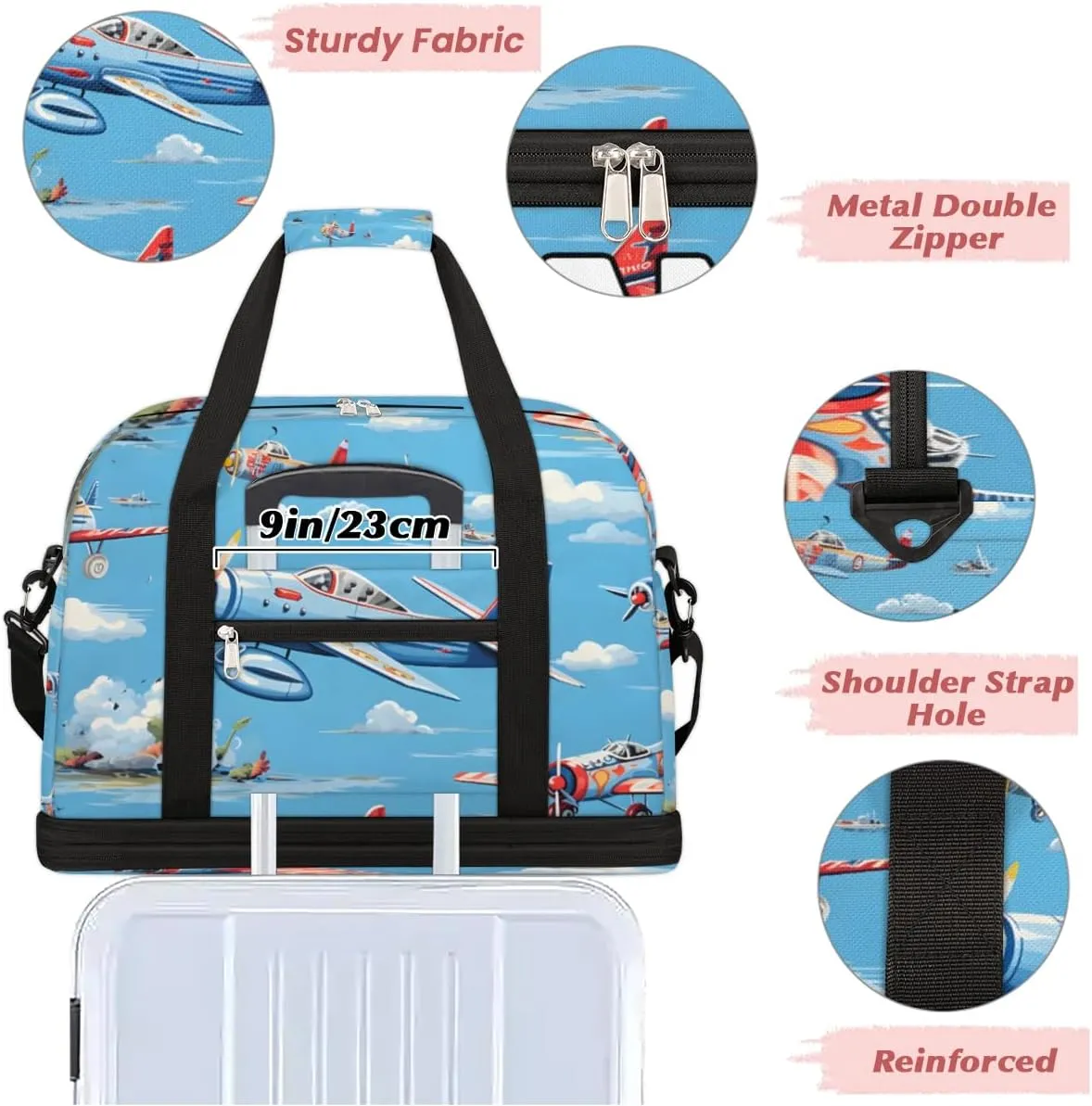 Cute Airplane Helicopter Print Custom Foldable Duffle Bag with Shoes Compartment Personalized Large Capacity Waterproof Travel Weekender Bag Overnight Bag for Sports Gym