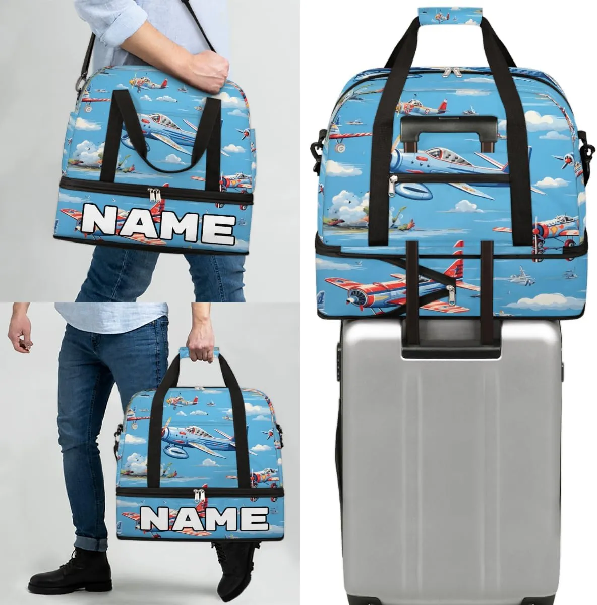 Cute Airplane Helicopter Print Custom Foldable Duffle Bag with Shoes Compartment Personalized Large Capacity Waterproof Travel Weekender Bag Overnight Bag for Sports Gym