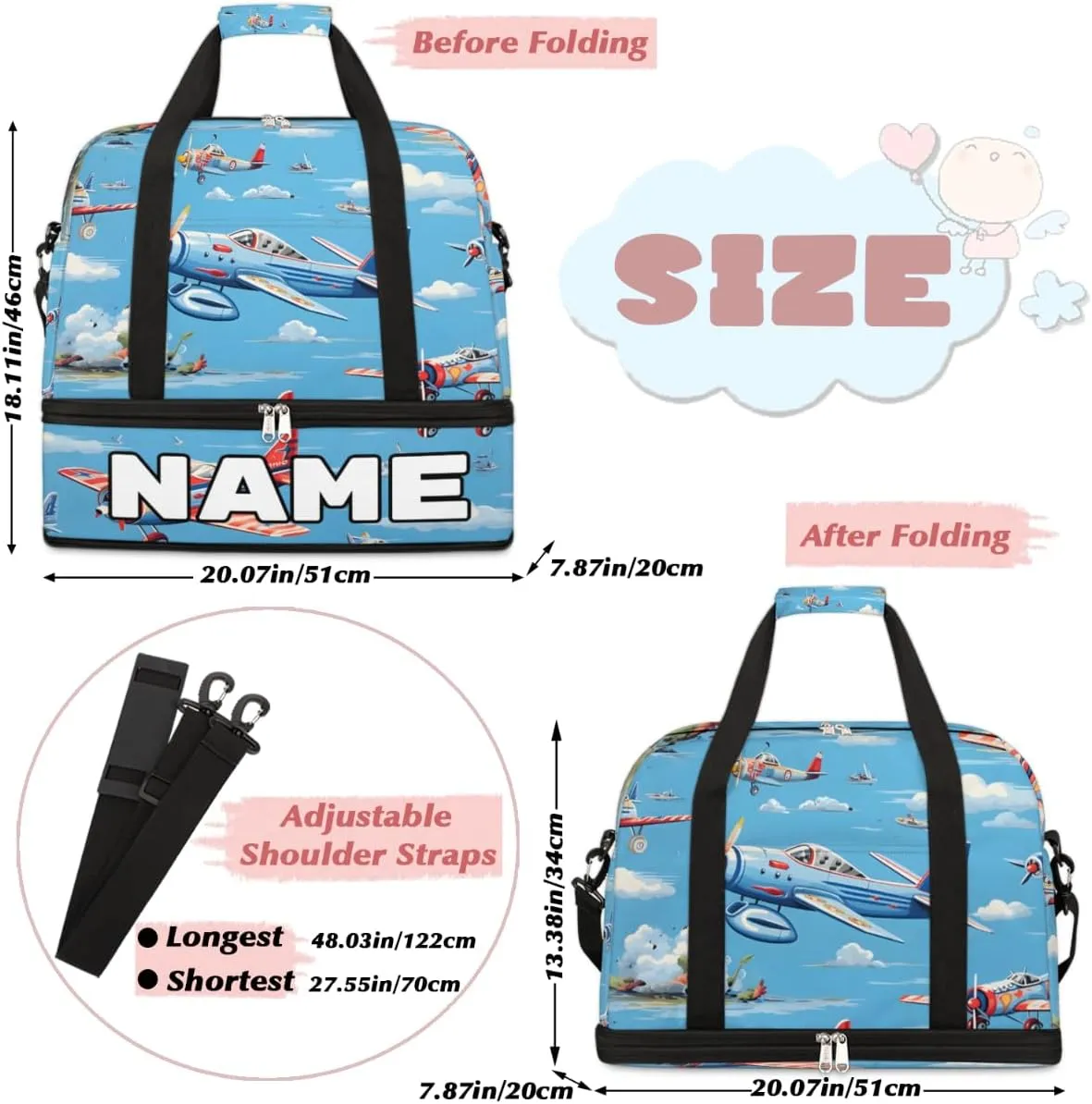 Cute Airplane Helicopter Print Custom Foldable Duffle Bag with Shoes Compartment Personalized Large Capacity Waterproof Travel Weekender Bag Overnight Bag for Sports Gym