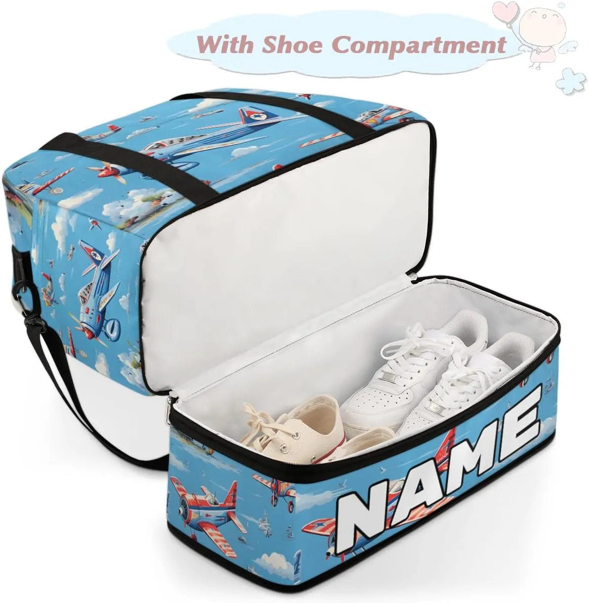 Cute Airplane Helicopter Print Custom Foldable Duffle Bag with Shoes Compartment Personalized Large Capacity Waterproof Travel Weekender Bag Overnight Bag for Sports Gym