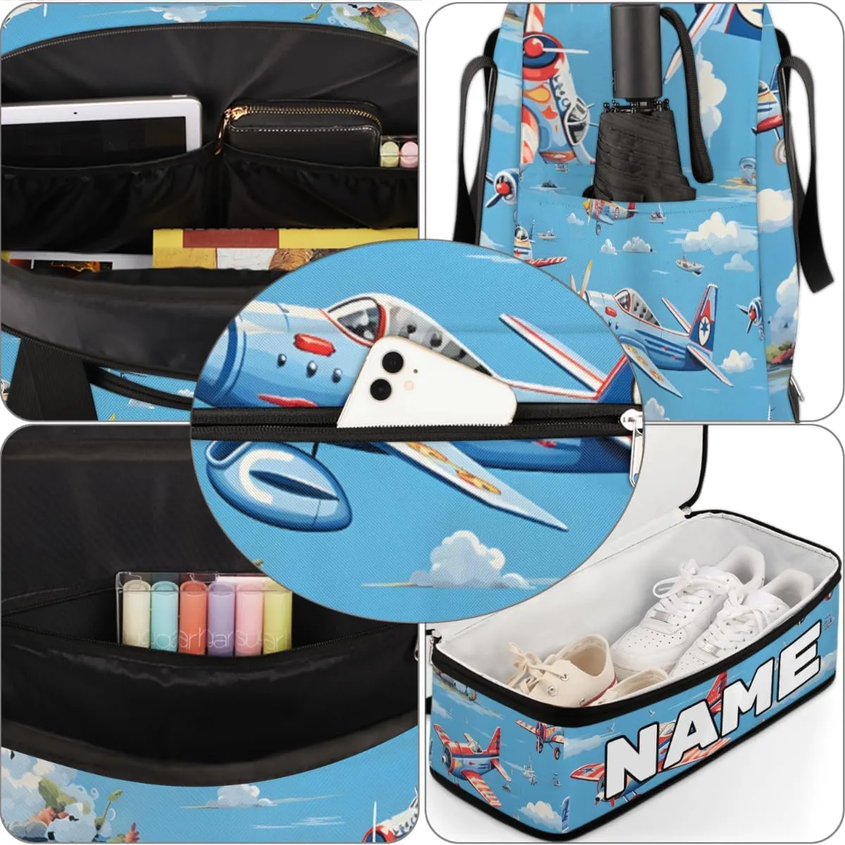 Cute Airplane Helicopter Print Custom Foldable Duffle Bag with Shoes Compartment Personalized Large Capacity Waterproof Travel Weekender Bag Overnight Bag for Sports Gym