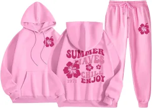 Cute Beach Sweatsuits Women 2 Piece Outfit Meet Me at The 1962 Pink Tree Graphic Hoodie with Sweatpants Cute Tracksuit