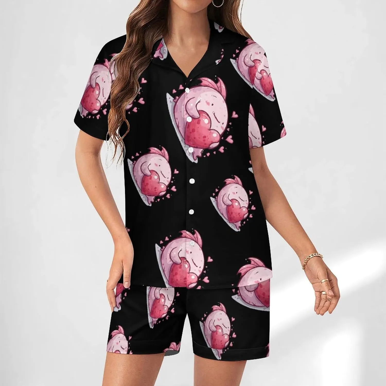 Cute Blobfish Hearts Women's Satin Pajama Set Short Sleeve Button Down Sleepwear Loungewear Pj Set