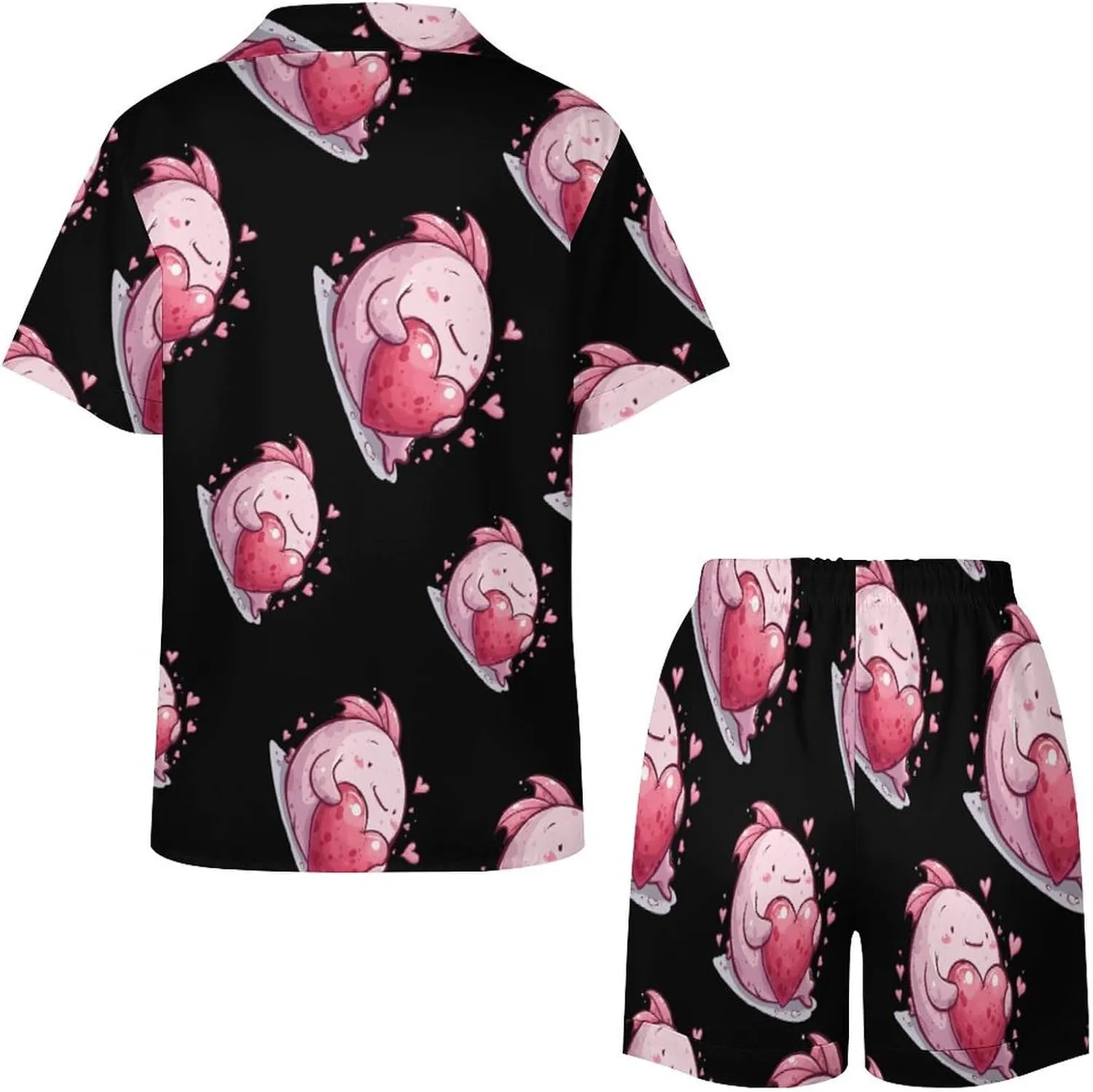 Cute Blobfish Hearts Women's Satin Pajama Set Short Sleeve Button Down Sleepwear Loungewear Pj Set