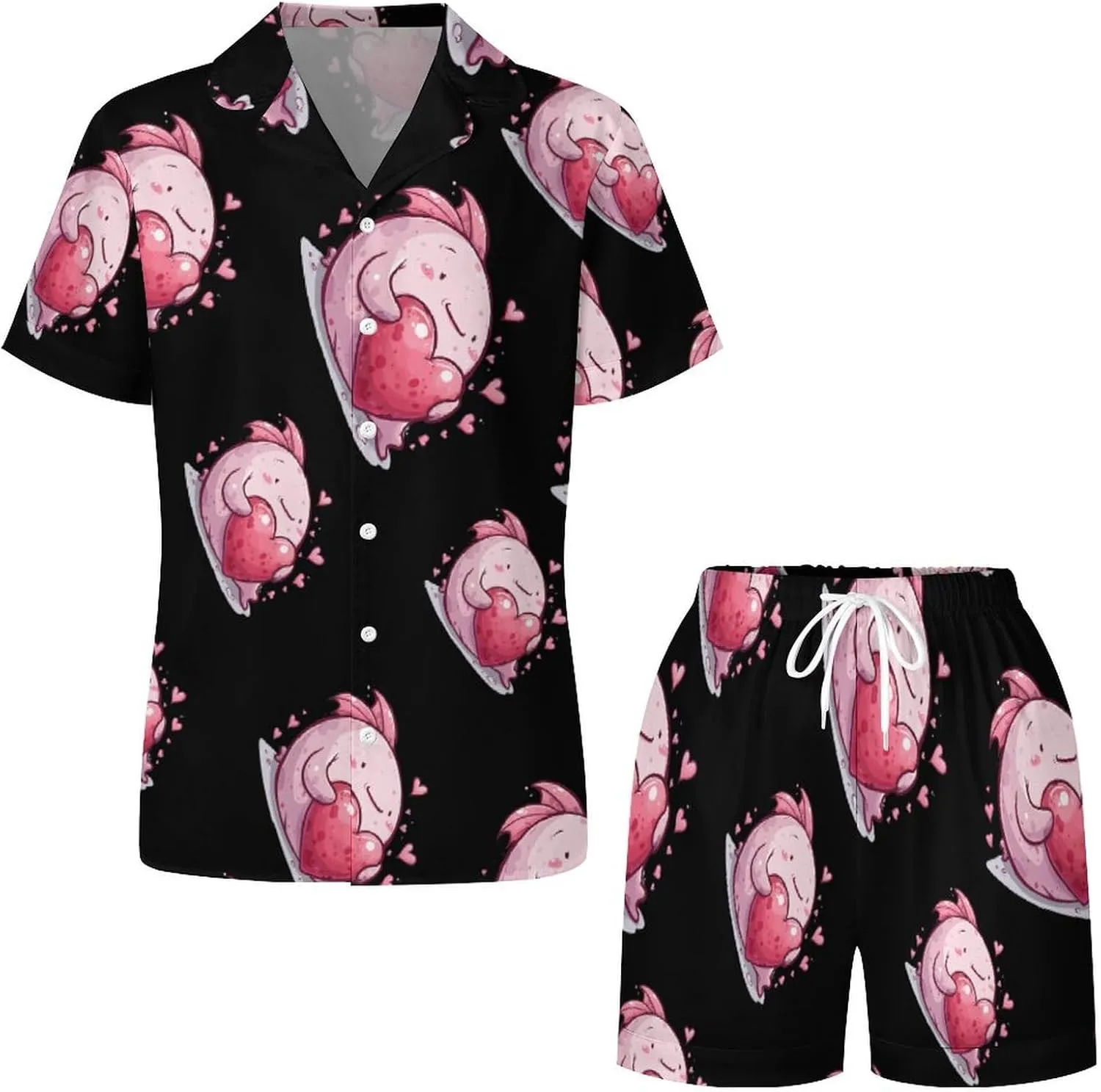 Cute Blobfish Hearts Women's Satin Pajama Set Short Sleeve Button Down Sleepwear Loungewear Pj Set