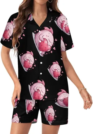 Cute Blobfish Hearts Women's Satin Pajama Set Short Sleeve Button Down Sleepwear Loungewear Pj Set