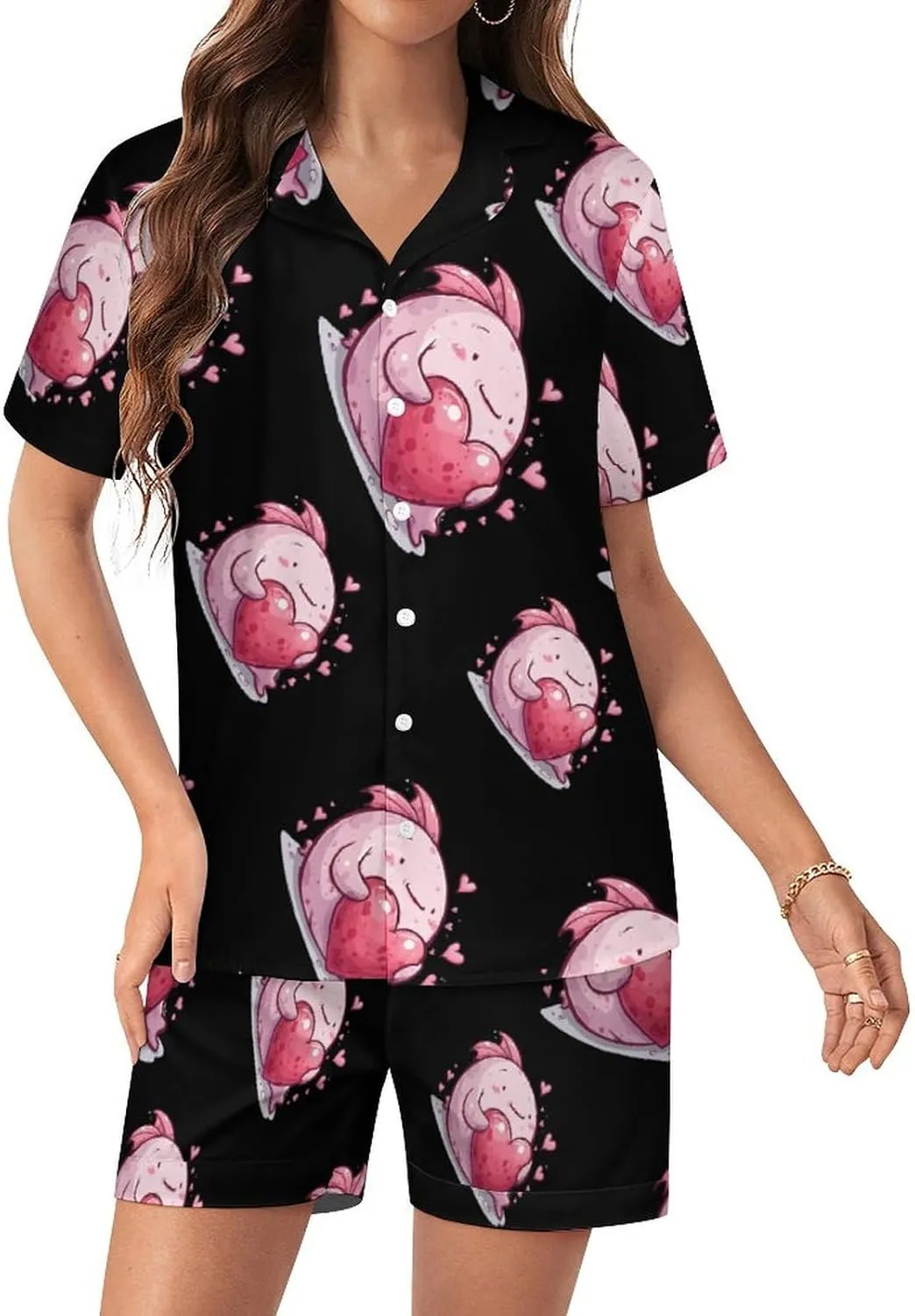 Cute Blobfish Hearts Women's Satin Pajama Set Short Sleeve Button Down Sleepwear Loungewear Pj Set