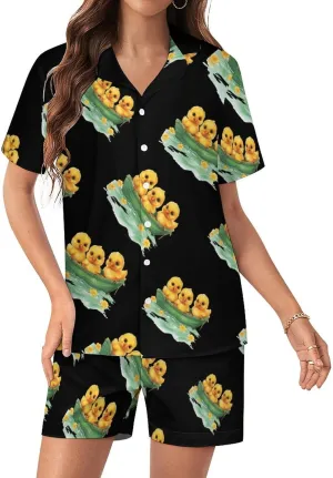 Cute Chick Women's Satin Pajama Set Short Sleeve Button Down Sleepwear Loungewear Pj Set