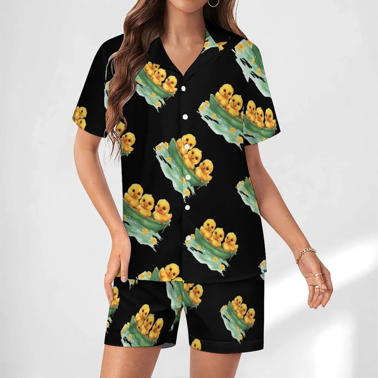 Cute Chick Women's Satin Pajama Set Short Sleeve Button Down Sleepwear Loungewear Pj Set
