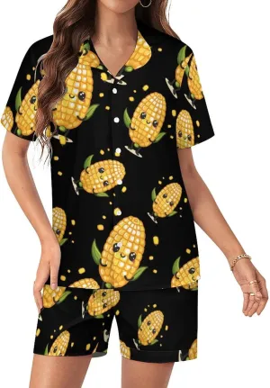Cute Corn Women's Satin Pajama Set Short Sleeve Button Down Sleepwear Loungewear Pj Set