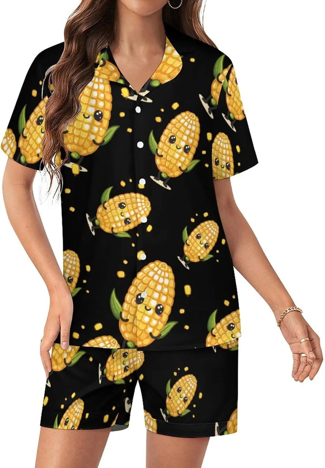 Cute Corn Women's Satin Pajama Set Short Sleeve Button Down Sleepwear Loungewear Pj Set