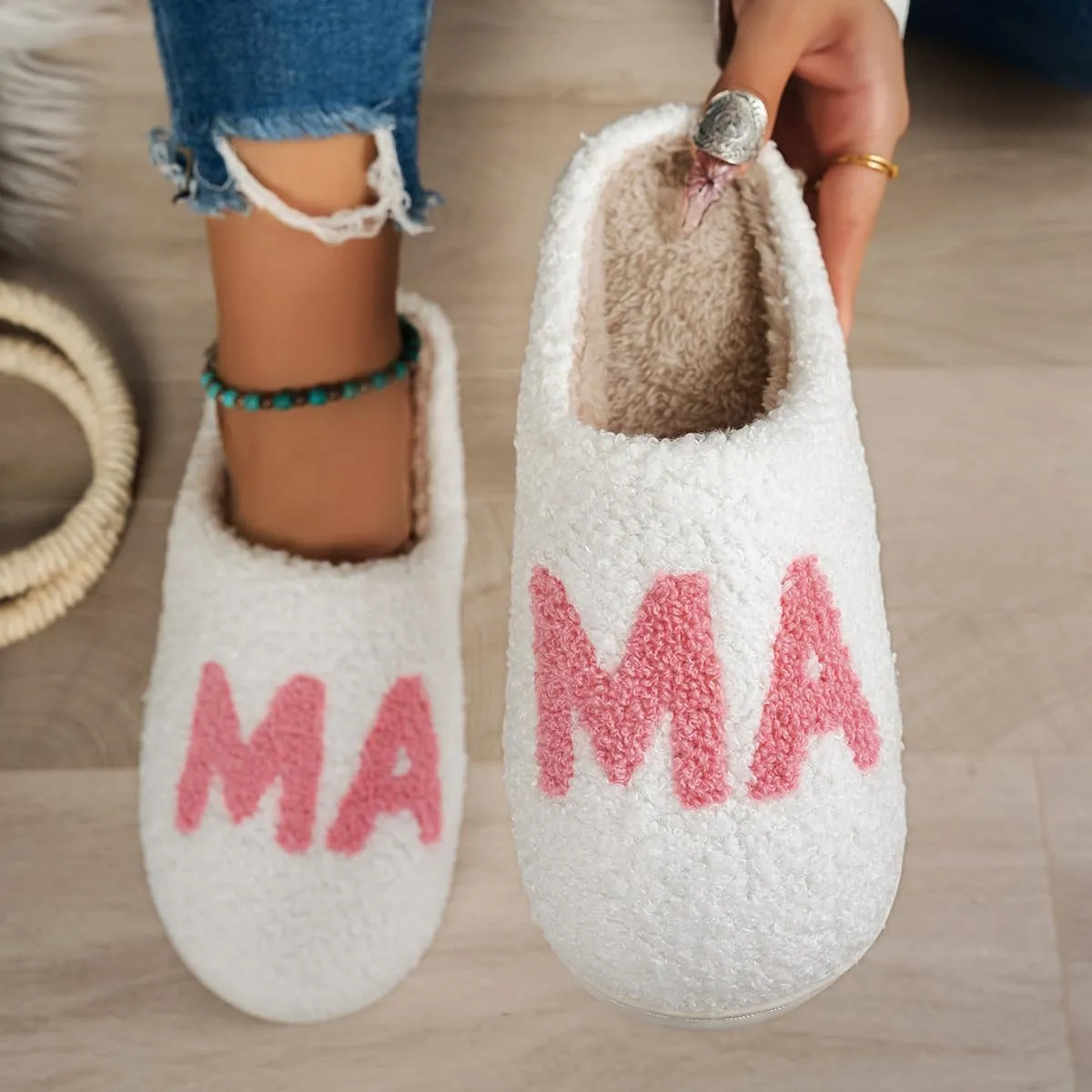 Cute Cozy Fluffy Mama Bear Slippers for Women - Pink, Soft Plush Memory Foam, Letter Print, Round Toe, Slip On, Winter, Mother's Day Gift