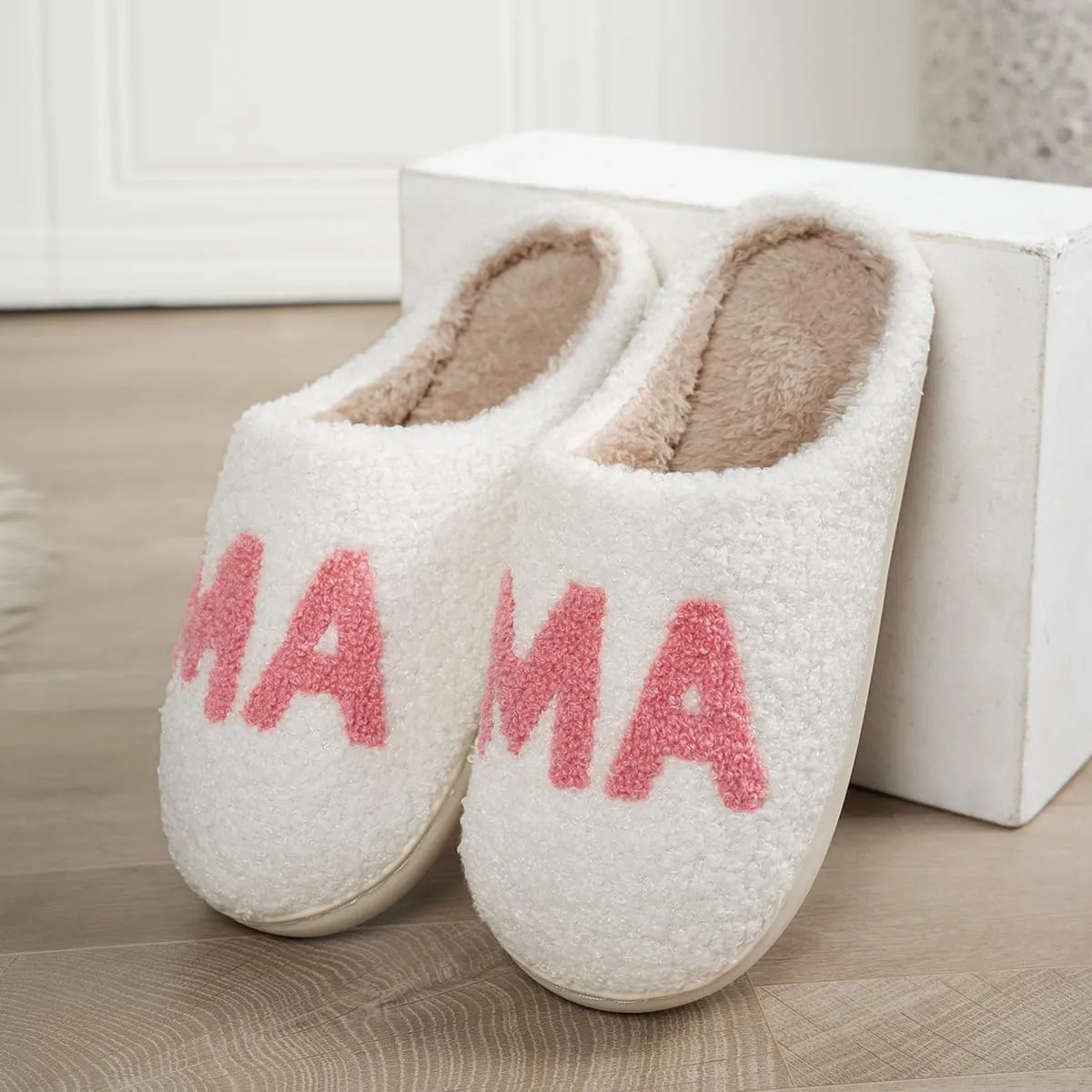 Cute Cozy Fluffy Mama Bear Slippers for Women - Pink, Soft Plush Memory Foam, Letter Print, Round Toe, Slip On, Winter, Mother's Day Gift