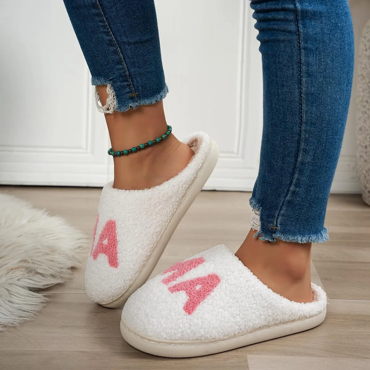 Cute Cozy Fluffy Mama Bear Slippers for Women - Pink, Soft Plush Memory Foam, Letter Print, Round Toe, Slip On, Winter, Mother's Day Gift