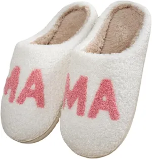 Cute Cozy Fluffy Mama Bear Slippers for Women - Pink, Soft Plush Memory Foam, Letter Print, Round Toe, Slip On, Winter, Mother's Day Gift