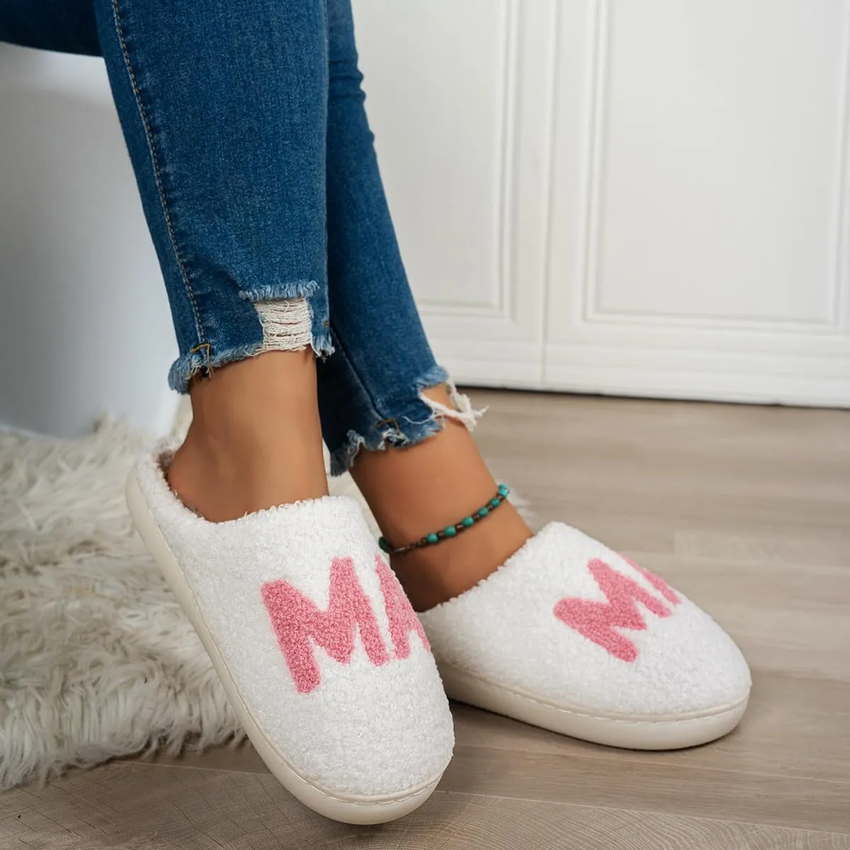 Cute Cozy Fluffy Mama Bear Slippers for Women - Pink, Soft Plush Memory Foam, Letter Print, Round Toe, Slip On, Winter, Mother's Day Gift