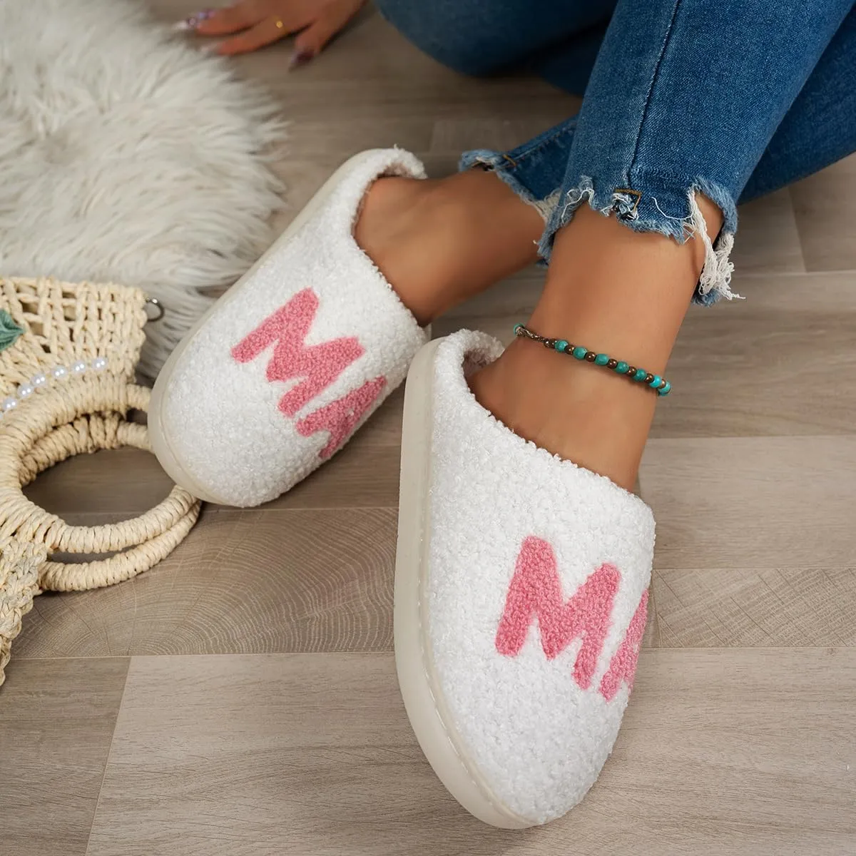 Cute Cozy Fluffy Mama Bear Slippers for Women - Pink, Soft Plush Memory Foam, Letter Print, Round Toe, Slip On, Winter, Mother's Day Gift