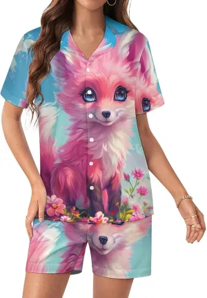 Cute Fox Women's Satin Pajama Set Short Sleeve Button Down Sleepwear Loungewear Pj Set