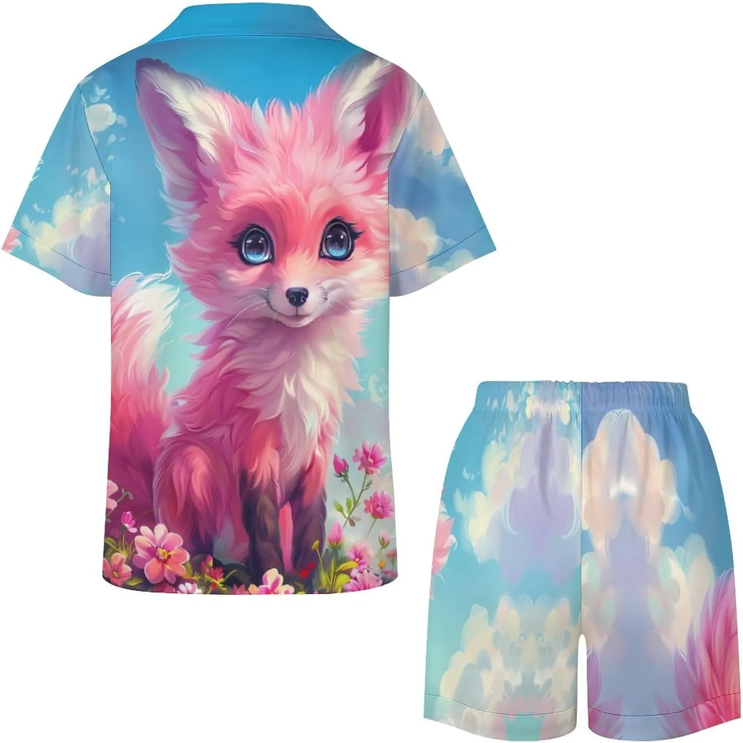 Cute Fox Women's Satin Pajama Set Short Sleeve Button Down Sleepwear Loungewear Pj Set