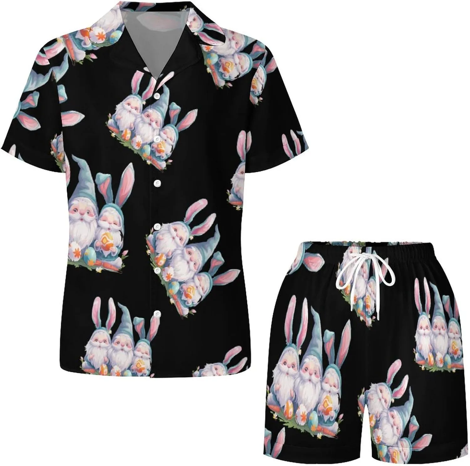 Cute Gnome Easter Women's Satin Pajama Set Short Sleeve Button Down Sleepwear Loungewear Pj Set