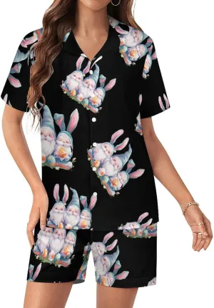 Cute Gnome Easter Women's Satin Pajama Set Short Sleeve Button Down Sleepwear Loungewear Pj Set