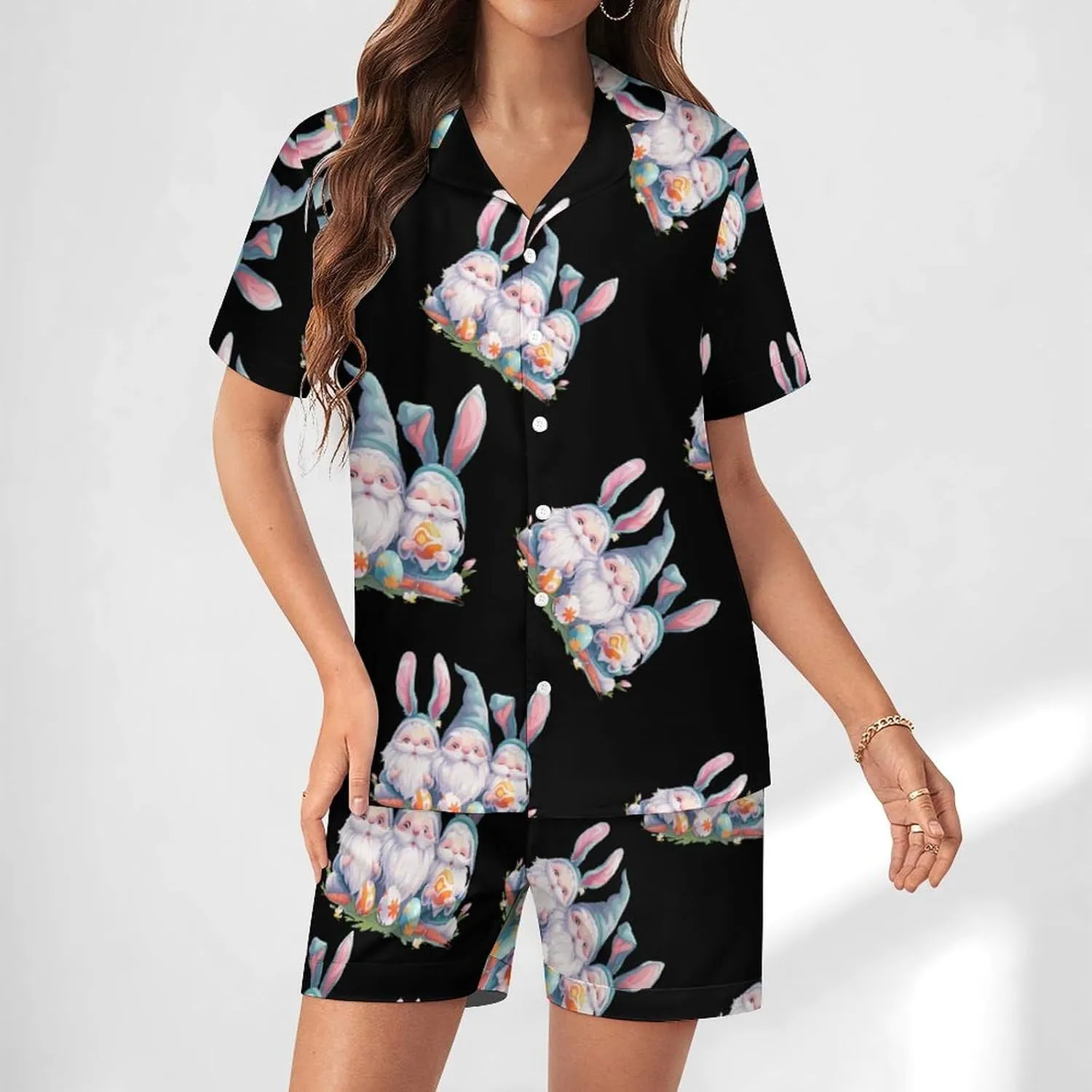 Cute Gnome Easter Women's Satin Pajama Set Short Sleeve Button Down Sleepwear Loungewear Pj Set