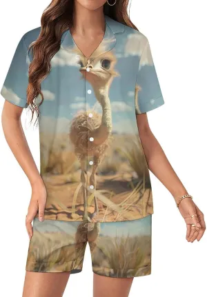 Cute Ostrich Women's Satin Pajama Set Short Sleeve Button Down Sleepwear Loungewear Pj Set