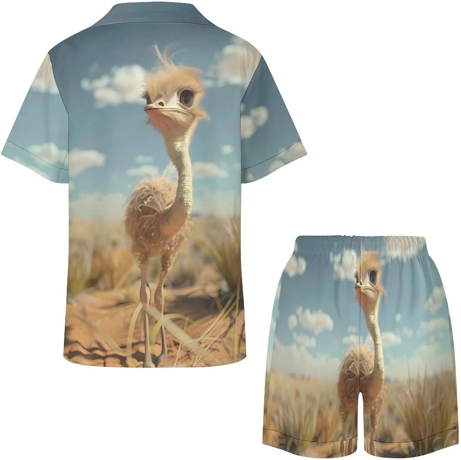 Cute Ostrich Women's Satin Pajama Set Short Sleeve Button Down Sleepwear Loungewear Pj Set