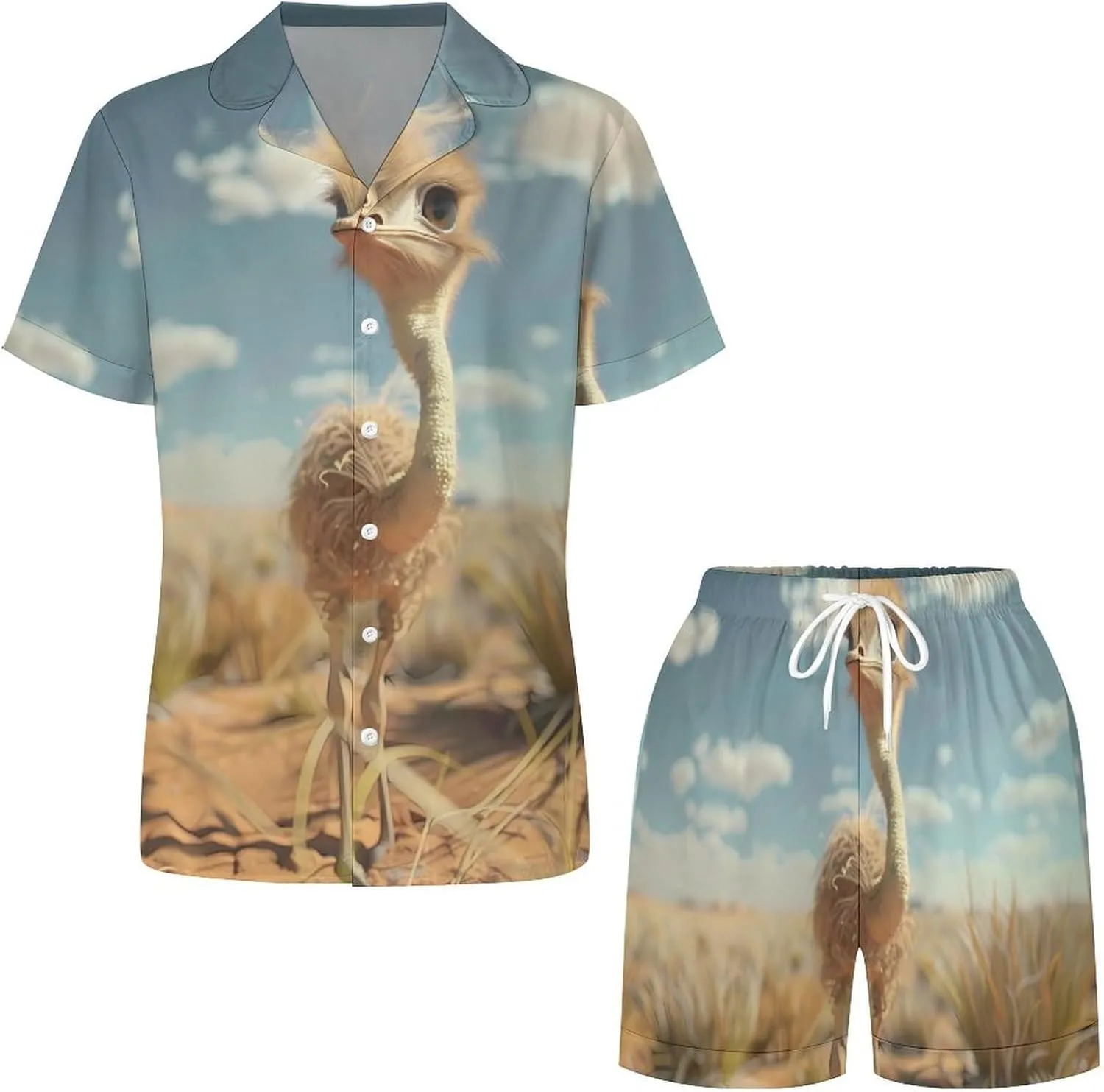 Cute Ostrich Women's Satin Pajama Set Short Sleeve Button Down Sleepwear Loungewear Pj Set