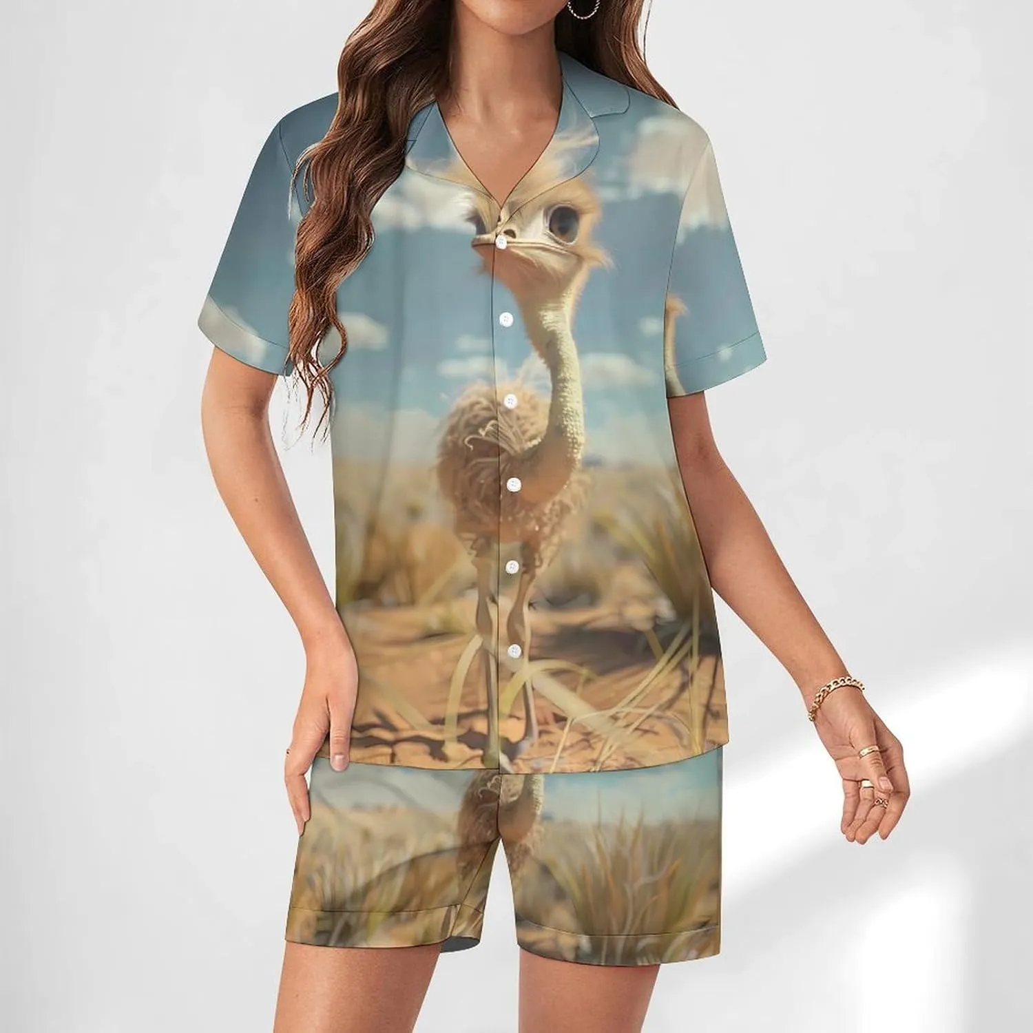 Cute Ostrich Women's Satin Pajama Set Short Sleeve Button Down Sleepwear Loungewear Pj Set