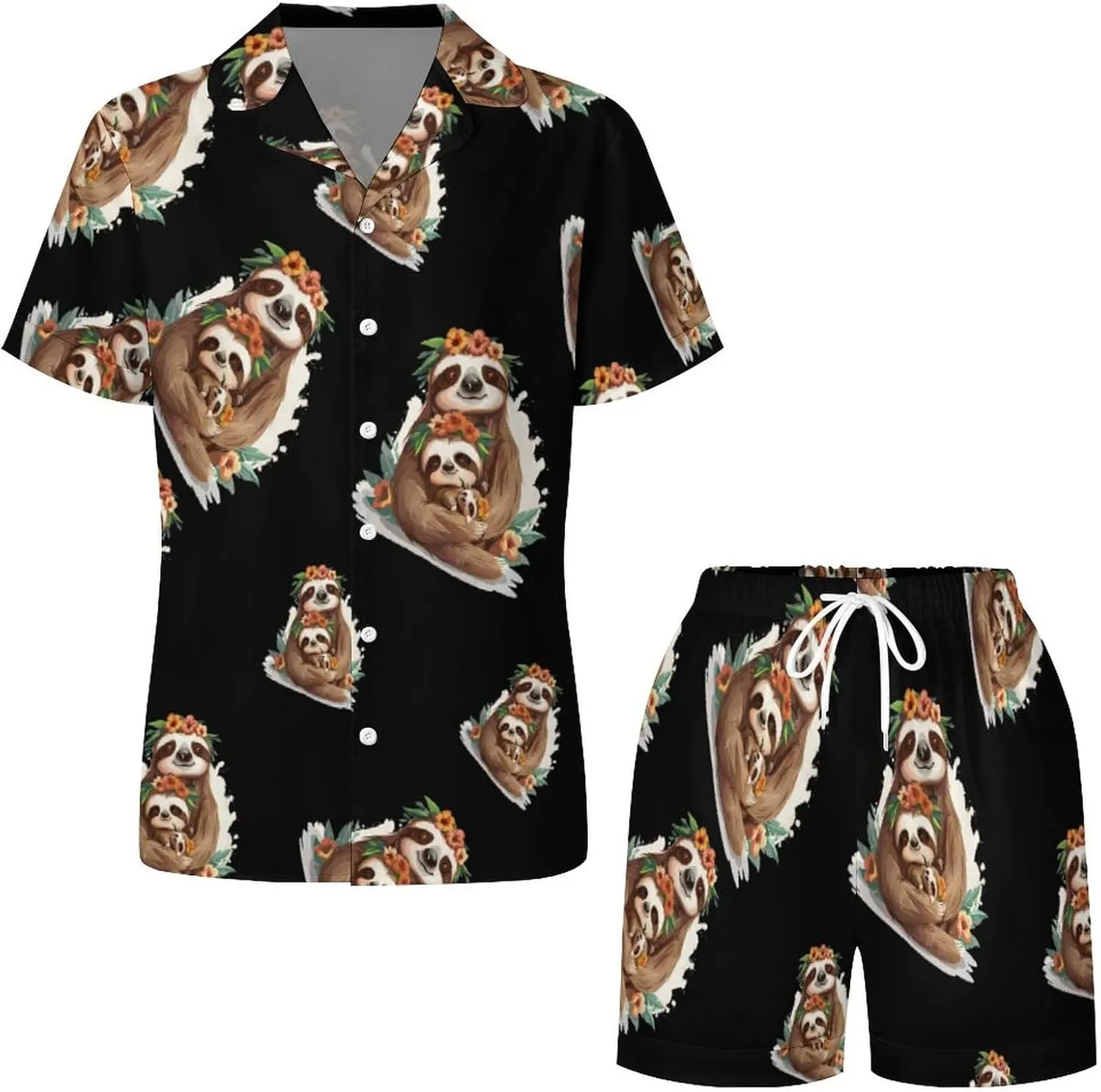 Cute Sloths Print Women's Satin Pajama Set Short Sleeve Button Down Sleepwear Loungewear Pj Set