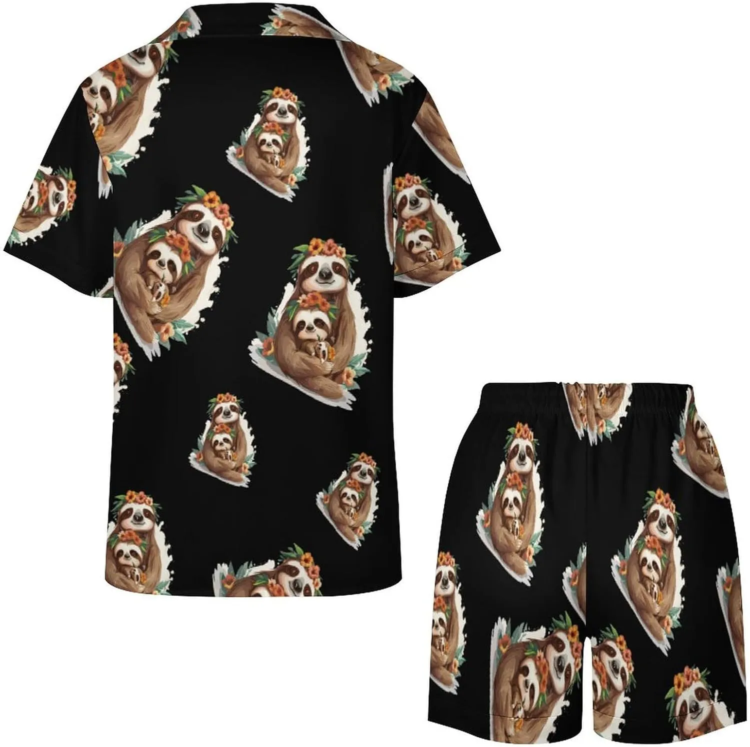 Cute Sloths Print Women's Satin Pajama Set Short Sleeve Button Down Sleepwear Loungewear Pj Set