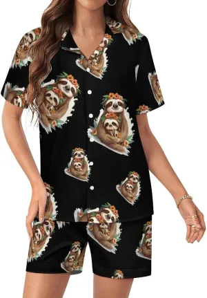 Cute Sloths Print Women's Satin Pajama Set Short Sleeve Button Down Sleepwear Loungewear Pj Set
