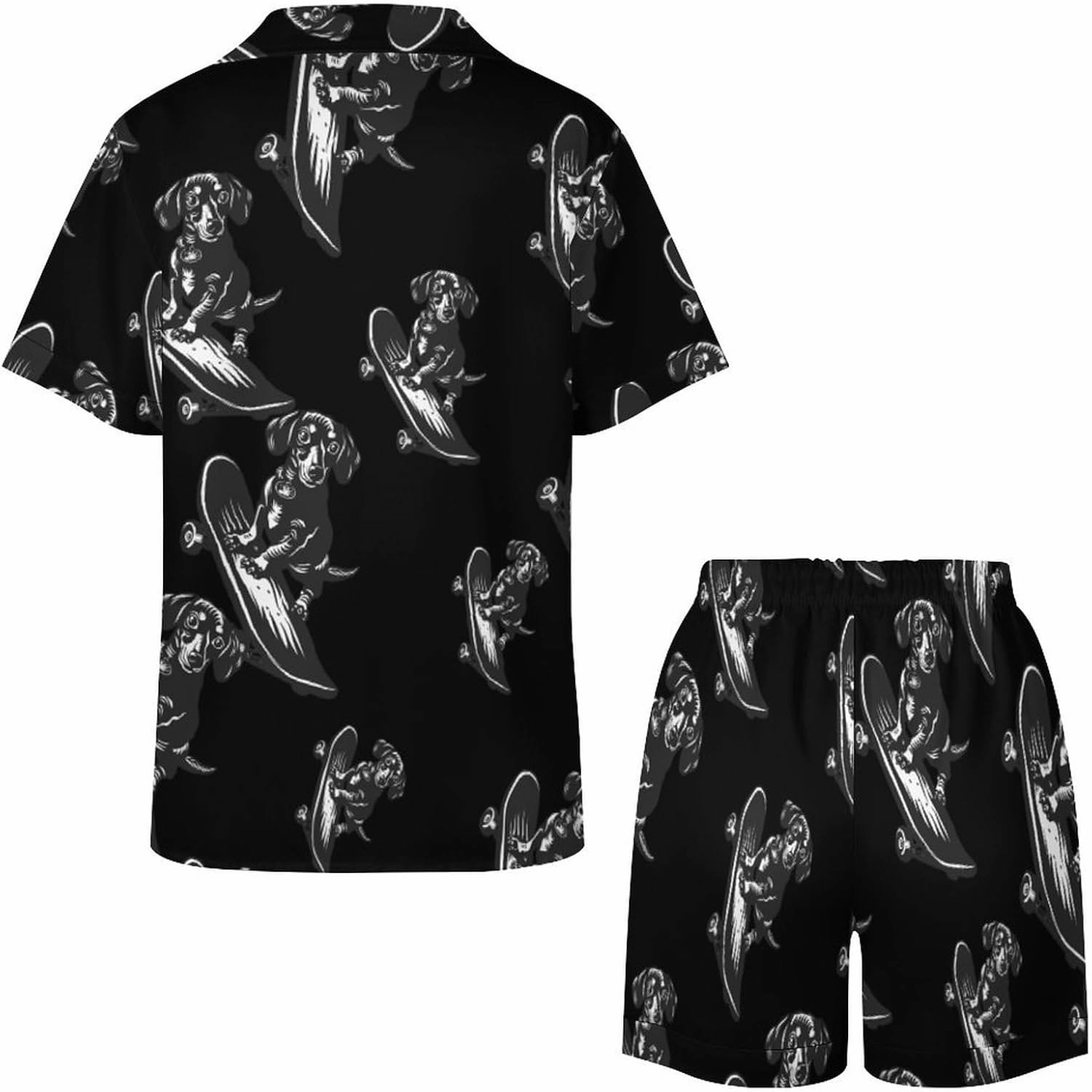 Cute Dachshund on A Skateboard Women's Satin Pajama Set Short Sleeve Button Down Sleepwear Loungewear Pj Set