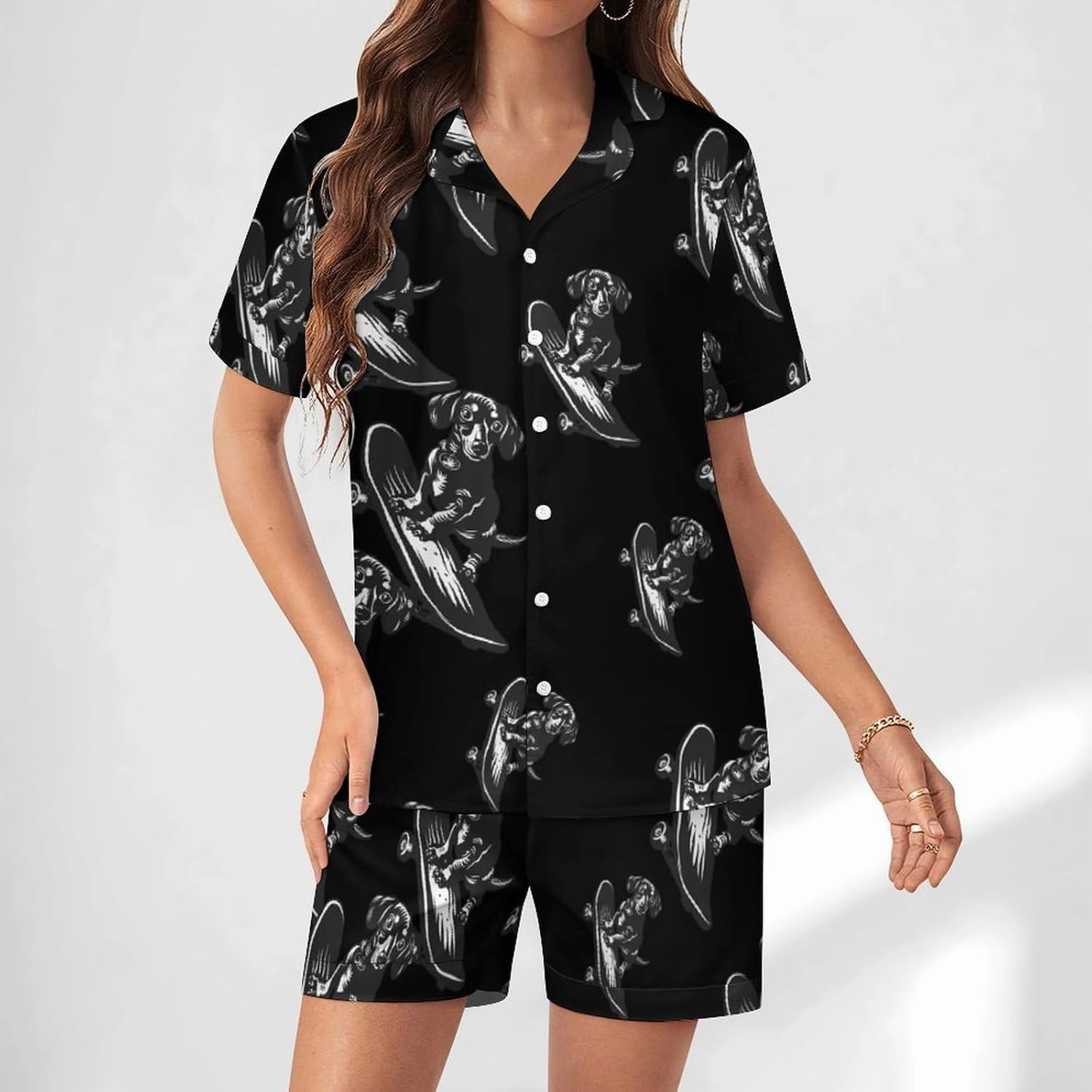 Cute Dachshund on A Skateboard Women's Satin Pajama Set Short Sleeve Button Down Sleepwear Loungewear Pj Set