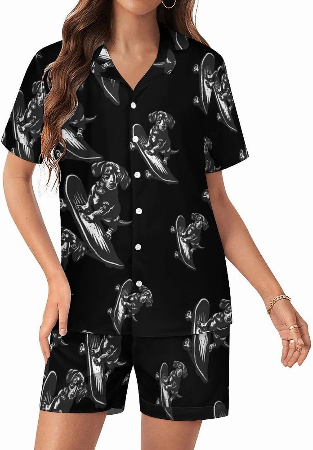 Cute Dachshund on A Skateboard Women's Satin Pajama Set Short Sleeve Button Down Sleepwear Loungewear Pj Set