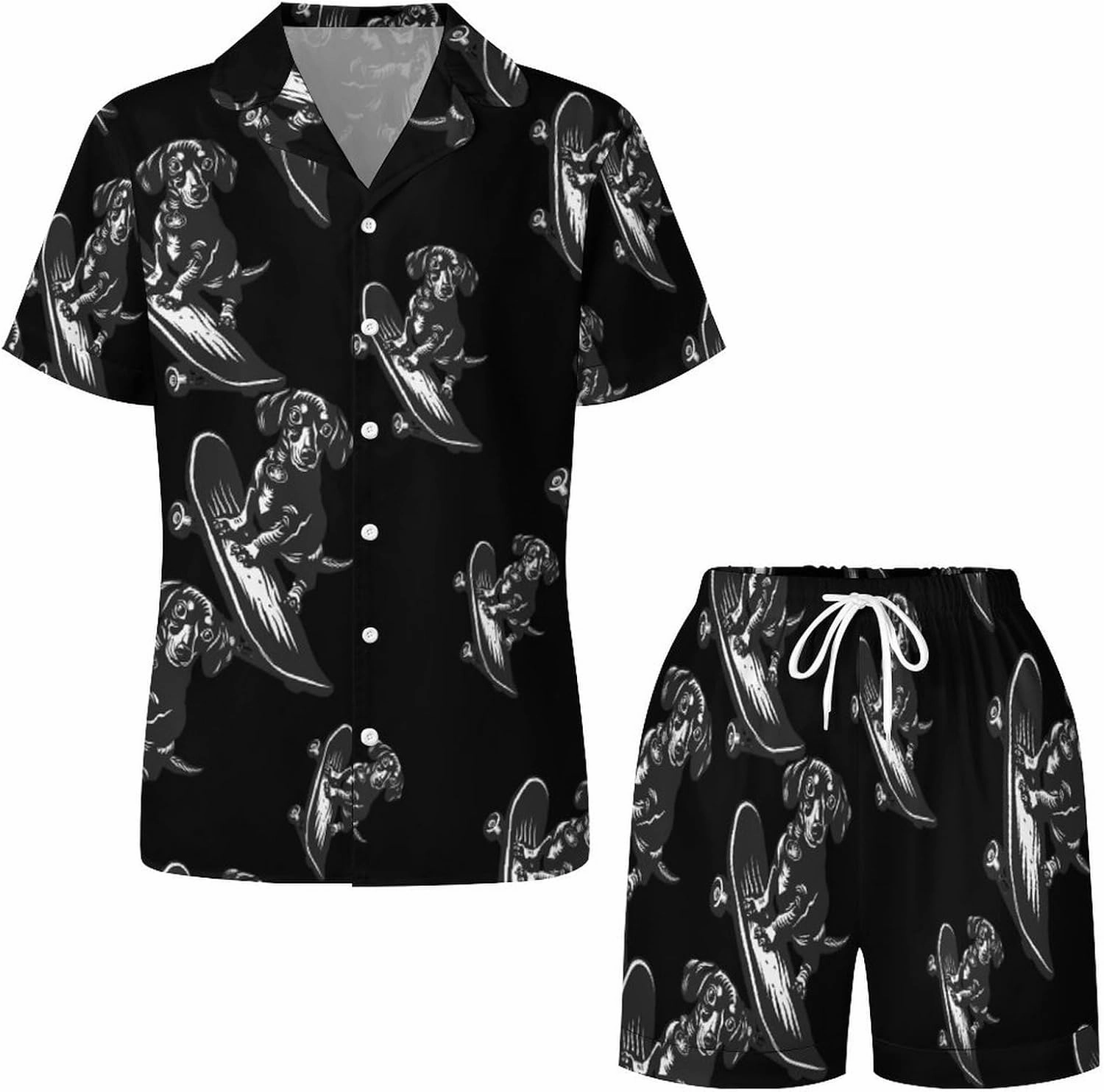 Cute Dachshund on A Skateboard Women's Satin Pajama Set Short Sleeve Button Down Sleepwear Loungewear Pj Set