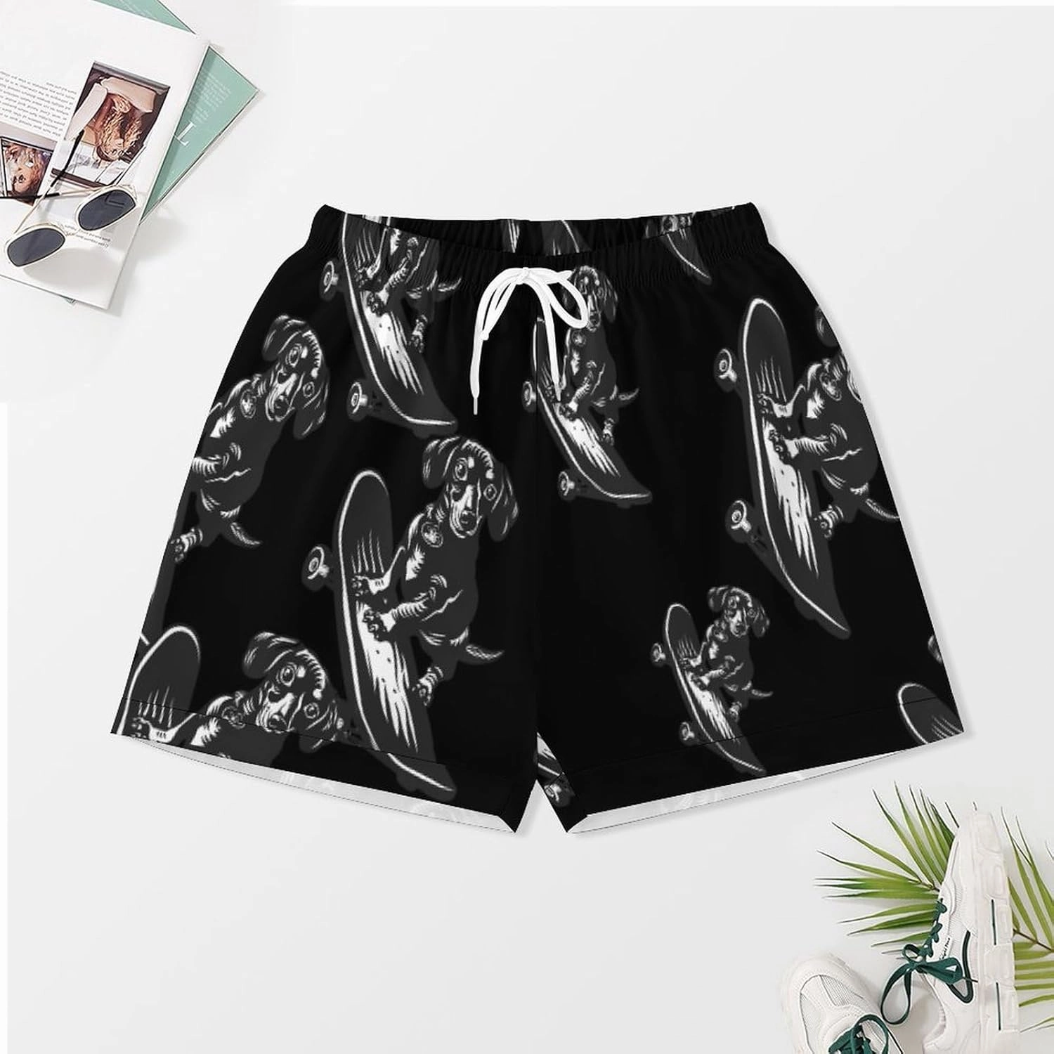 Cute Dachshund on A Skateboard Women's Satin Pajama Set Short Sleeve Button Down Sleepwear Loungewear Pj Set