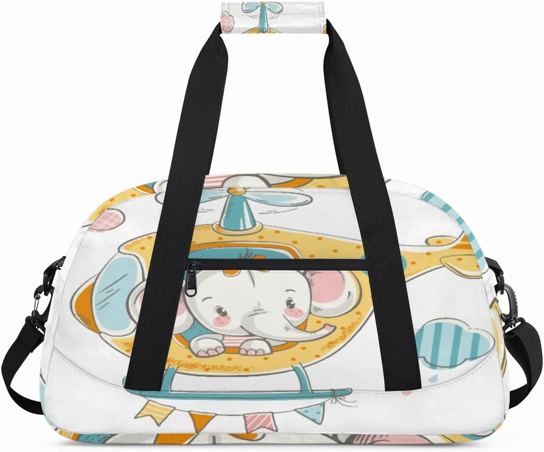 Cute Elephant Gym Duffel Bag for Men Women Cartoon Helicopter Sports Tote Bag with Adjustable Shoulder Strap for Dance Gymnastics Traveling Outdoor Camping Overnight Stay