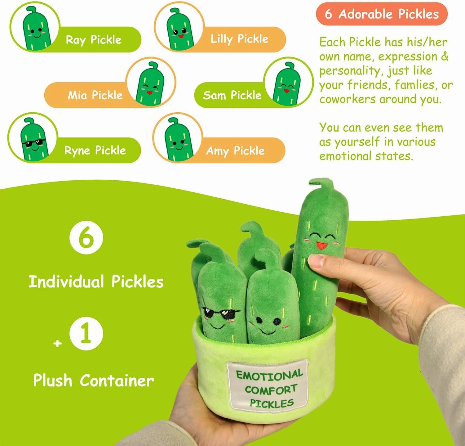 Cute Emotional Support Pickle Plush Toys, 6 Positive Pickles Set in 1 Soft Plush Container, Funny Stuffed Pickles Ornaments Gift for Women & Men, Girls, Friends & Coworkers