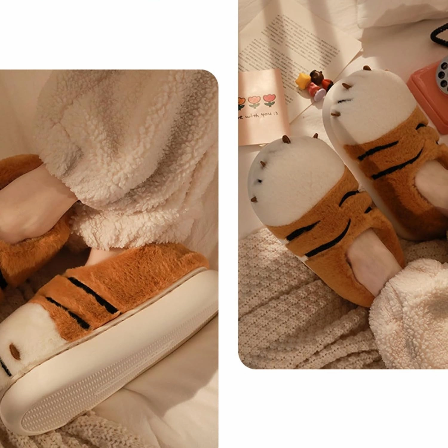 Cute Fluffy Slippers for Women Teen Girls Kawaii Animal Panda Fuzzy Furry Cozy Warm Soft Plush Fleece Comfy Home Slides Non-Slip