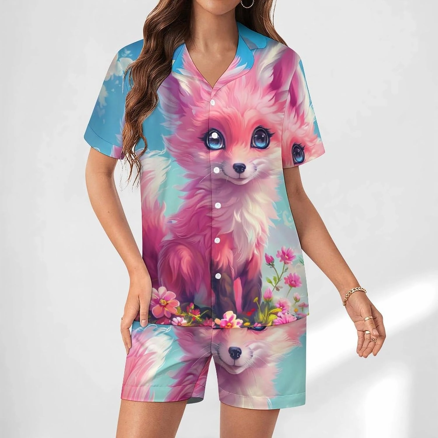 Cute Fox Women's Satin Pajama Set Short Sleeve Button Down Sleepwear Loungewear Pj Set