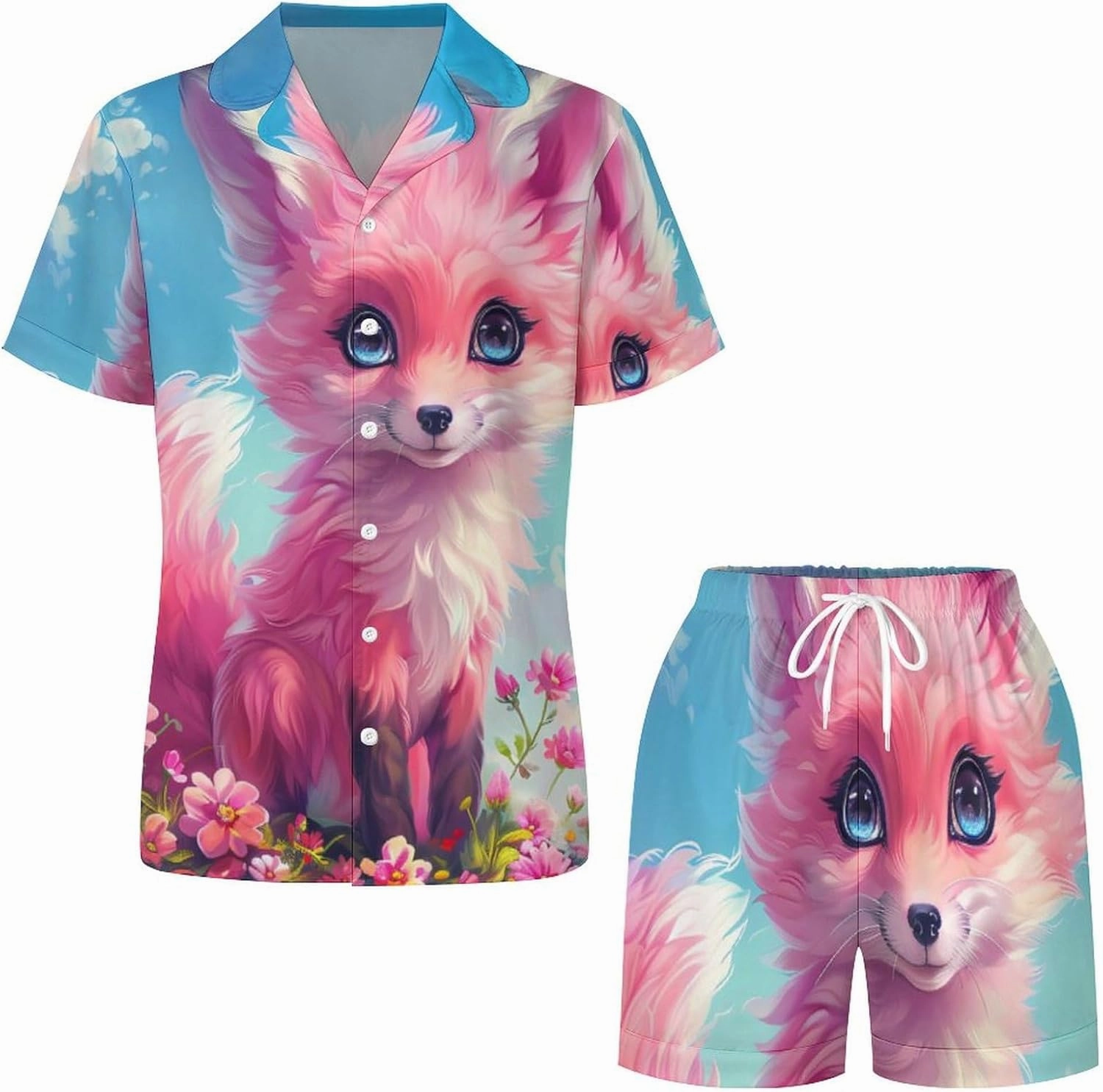 Cute Fox Women's Satin Pajama Set Short Sleeve Button Down Sleepwear Loungewear Pj Set