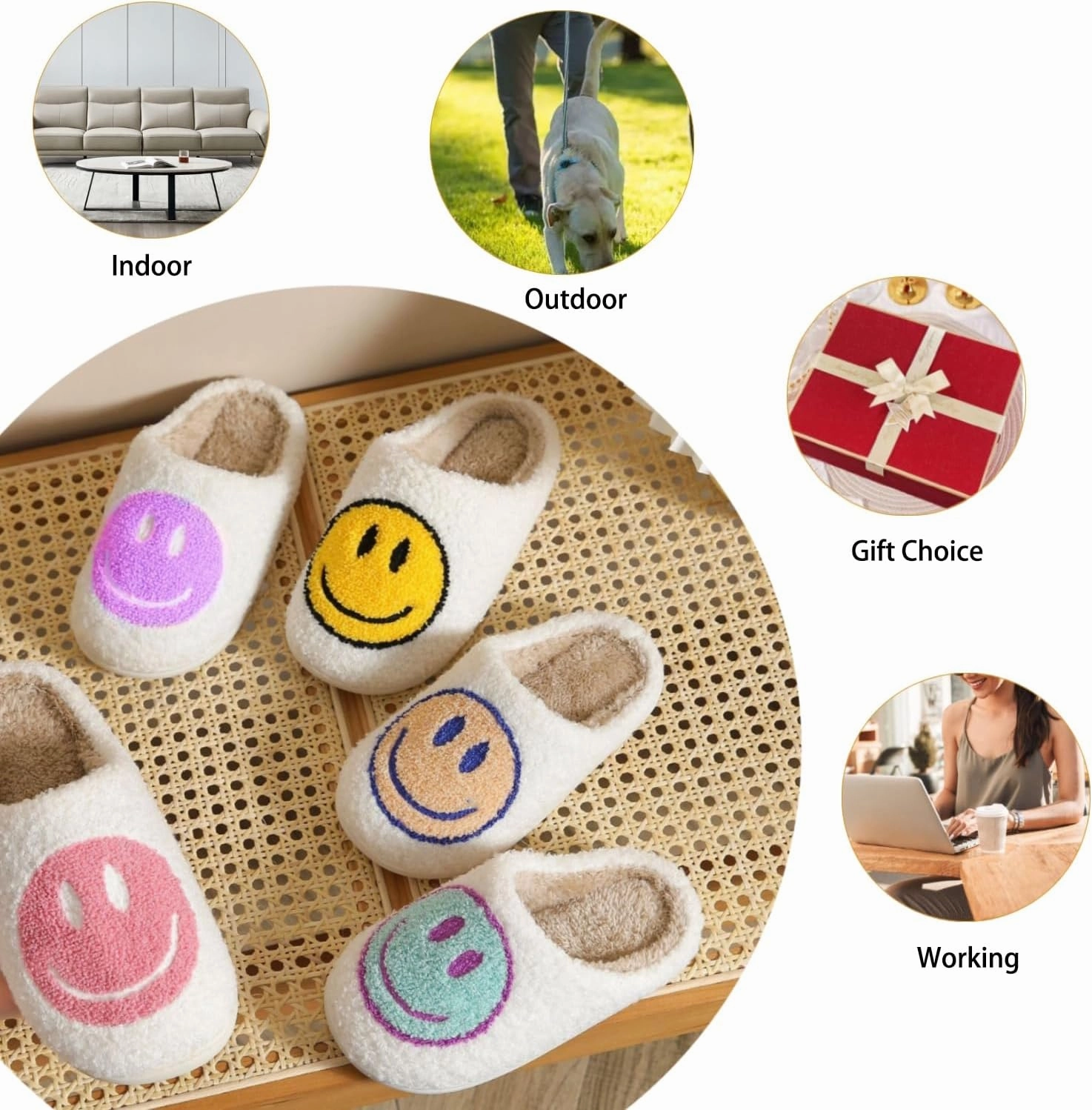 Cute House Slippers for Women & Men - Memory Foam Retro Happy Face Shoes - Cozy Indoor/Outdoor Fuzzy Plush Slip-On Comfy Trendy