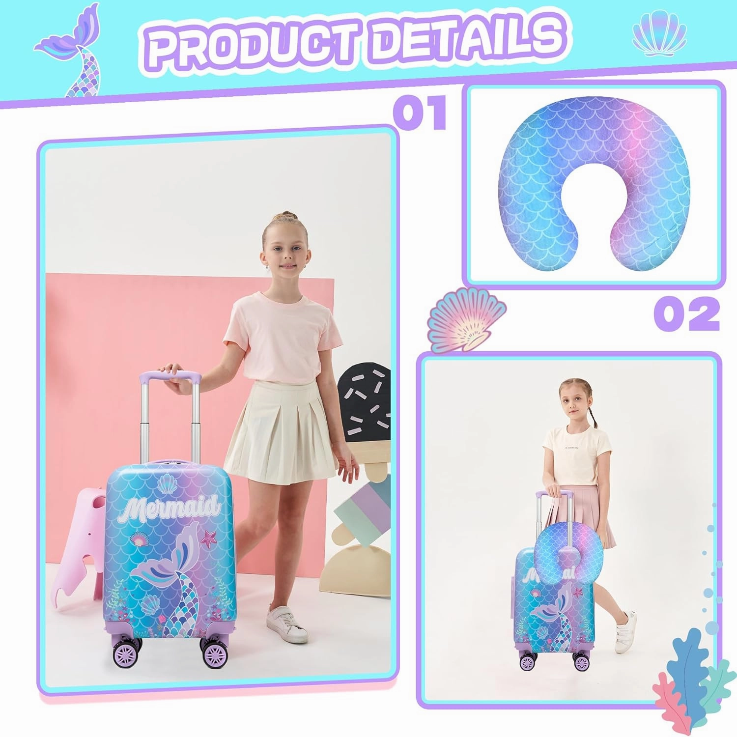 Cute Mermaid Kid’s Luggage Set 2 Piece Suitcase Set 16’’ Hardside Luggage with Spinner Wheels Girls Travel Rolling Luggage Carry on Luggage Airline Approved