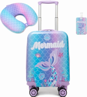 Cute Mermaid Kid’s Luggage Set 2 Piece Suitcase Set 16’’ Hardside Luggage with Spinner Wheels Girls Travel Rolling Luggage Carry on Luggage Airline Approved